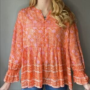 RD & Koko Orange Floral Sheer Long Sleeve Bohemian Blouse Sz Large